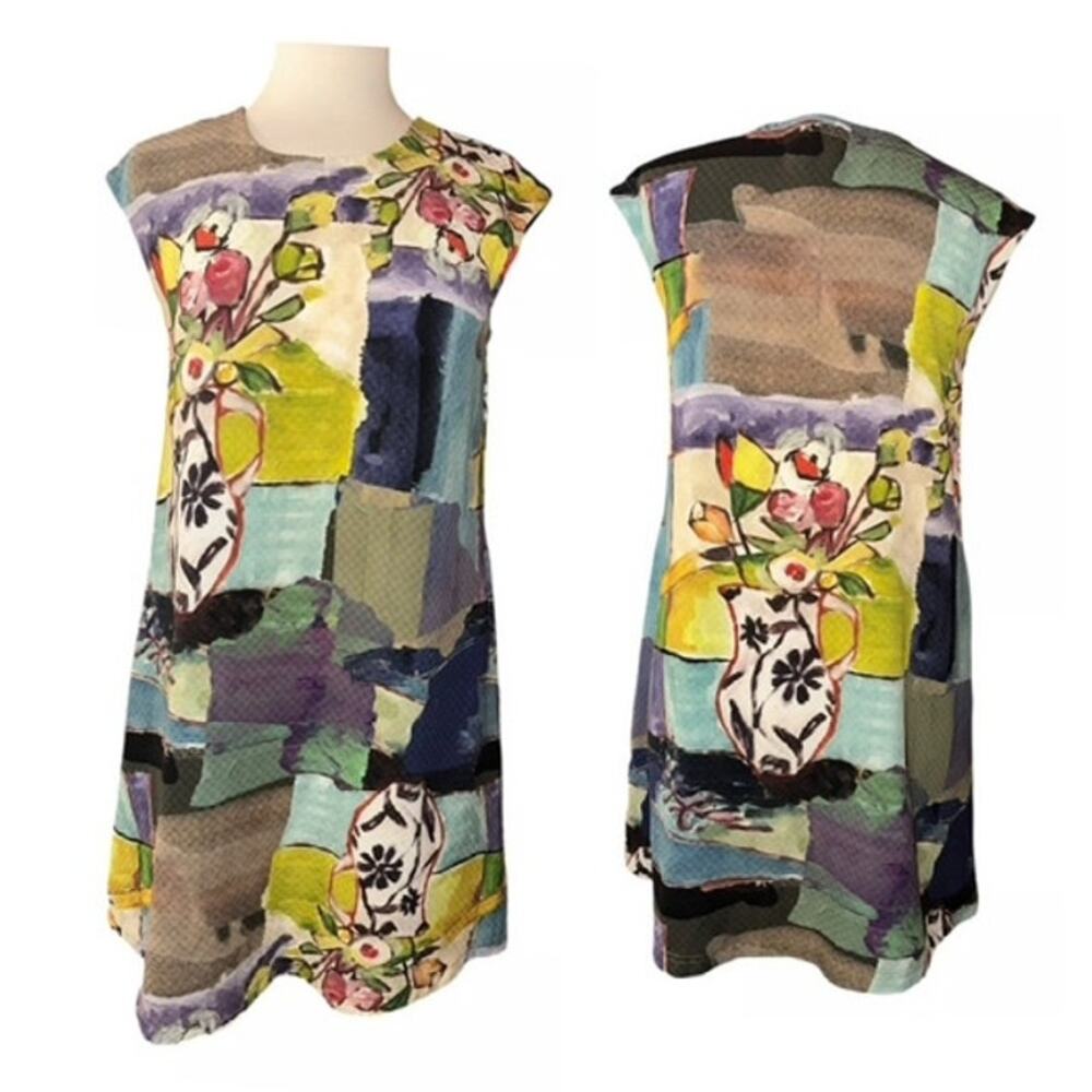 Uncle Frank Floral Patchwork Cap-Sleeve Mini Dress in Blue, Yellow, Green